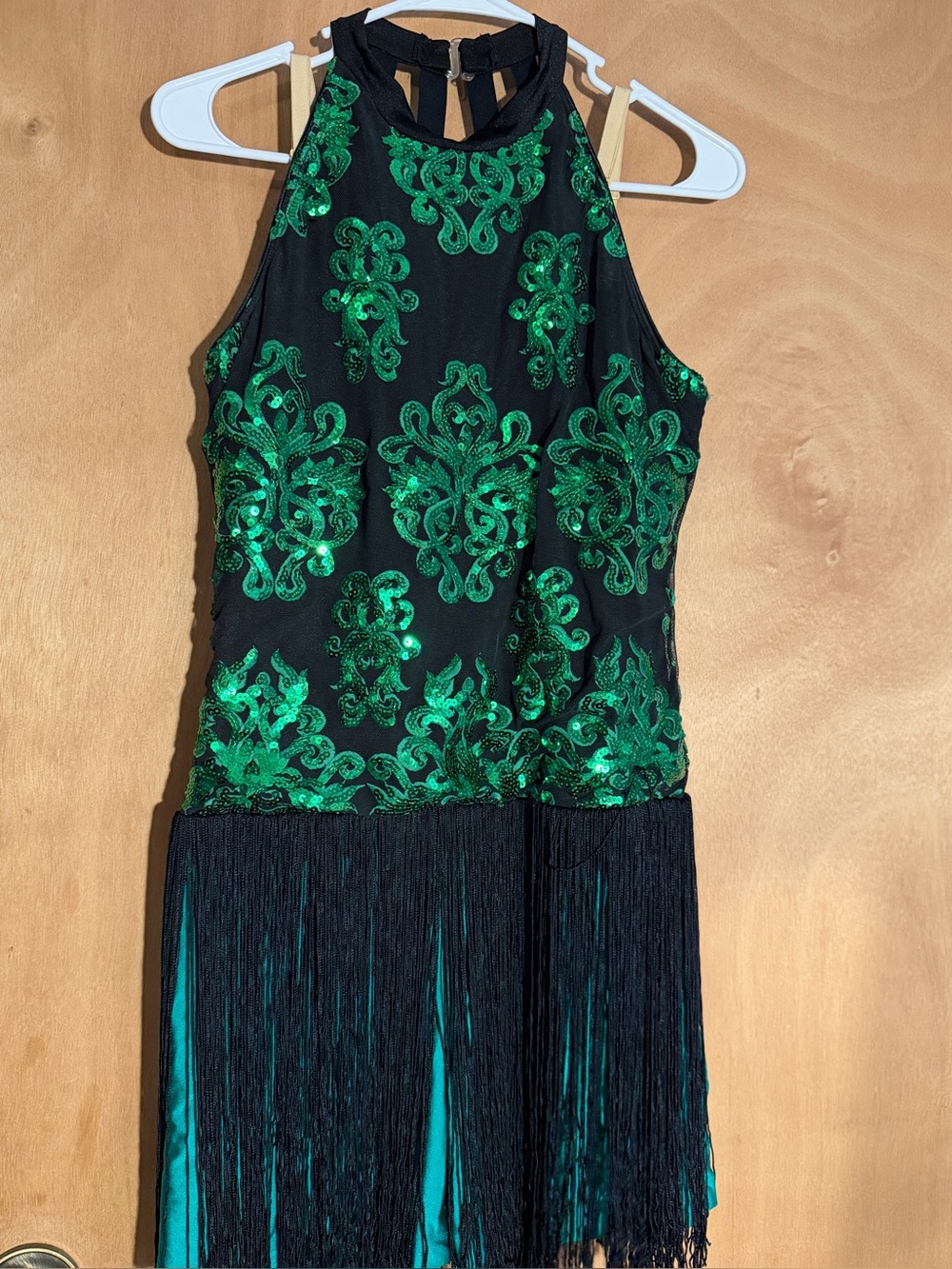 Womans Black and Green Sequin Fringe Costume Dress with attached shorts